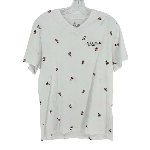 Guess Los Angeles Shirt Men's Large V-neck White Rose Floral Print Short Sleeve